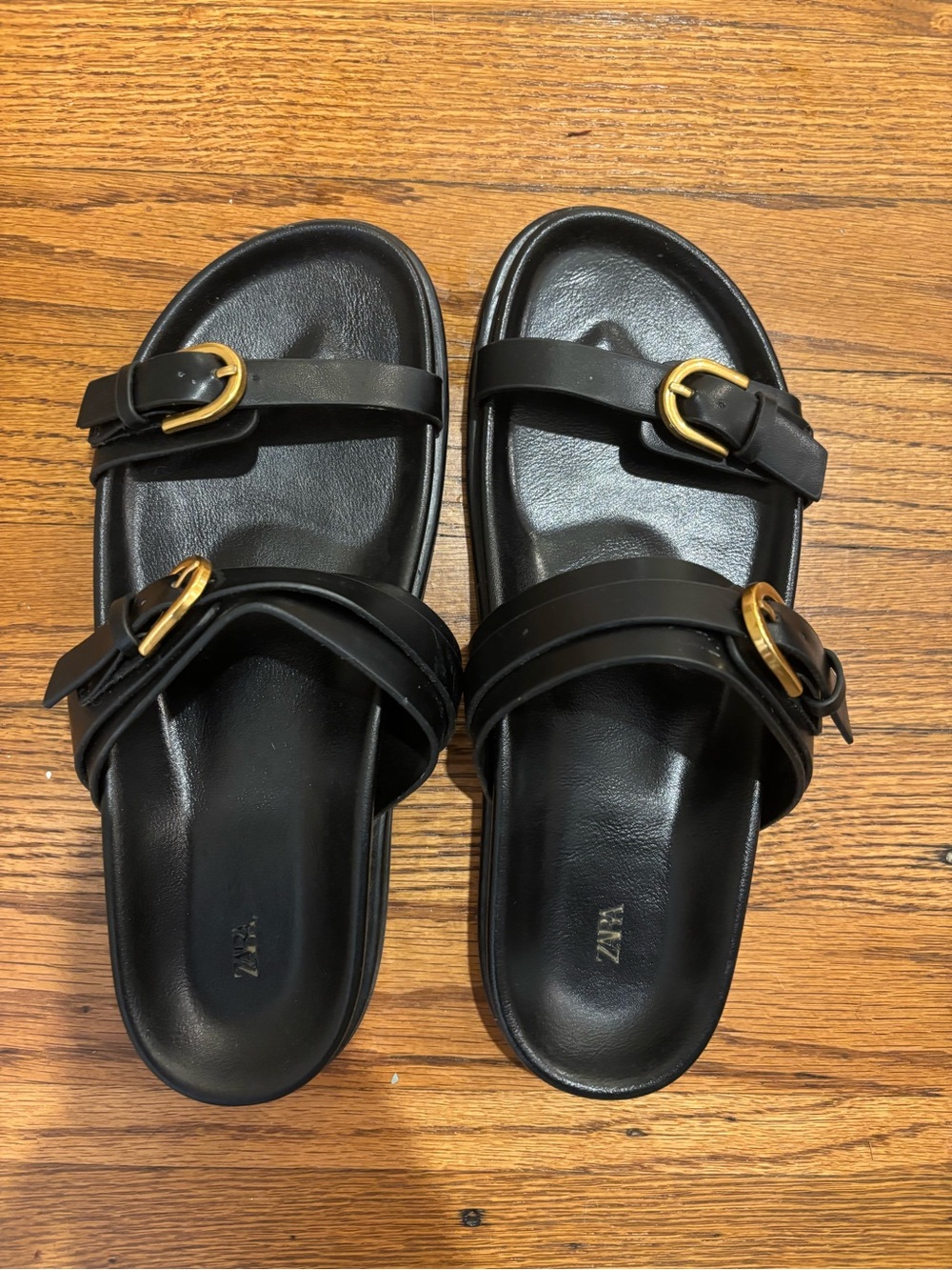 ZARA Black Slide Sandals with Gold Buckles